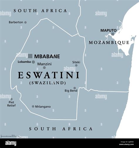 Eswatini, formerly named Swaziland, gray political map, with capitals Mbabane (executive) and ...