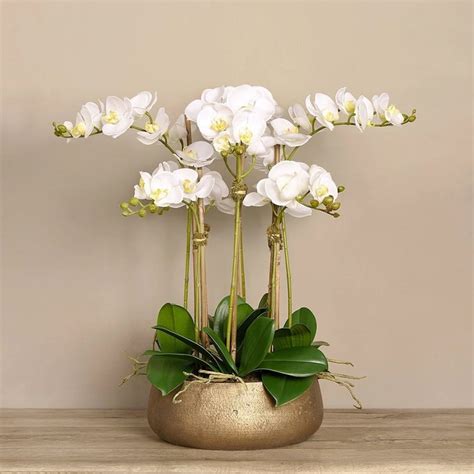 Silk Orchid Arrangement in Matte Gold Planter White Orchid Centerpiece Flower Arrangement Faux ...