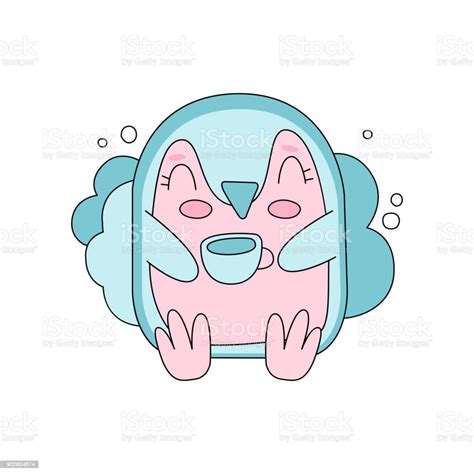 Cute Pink And Blue Penguin Sitting Against Fluffy Cloud Background Hand ...