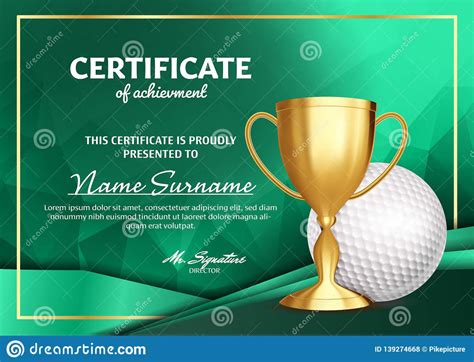 Golf Certificate Diploma With Golden Cup Vector. Sport Award Inside ...