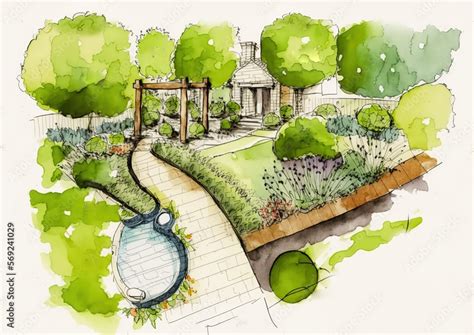 Landscape architect plan design. Watercolor hand painted with brushes ...