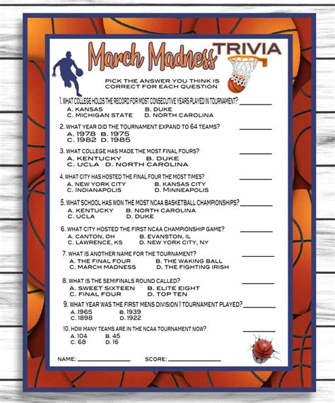 March Madness Party Trivia Game, Basketball Trivia, NCAA Trivia, Print – Enjoymyprintables