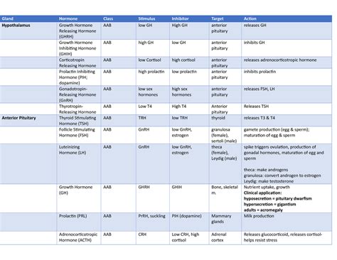 Hormone chart sorted by gland - Gland Hormone Class Stimulus Inhibitor Target Action ...