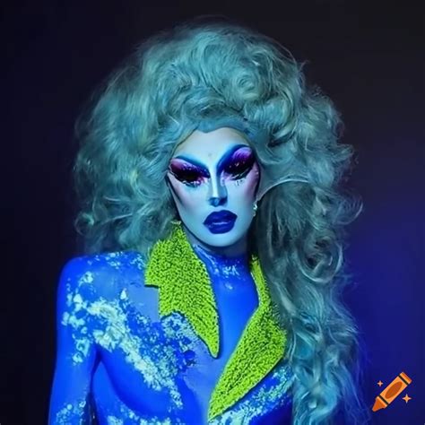 Outfit for a drag queen with fluorescent makeup in blue, green & yellow colors, glowing and ...