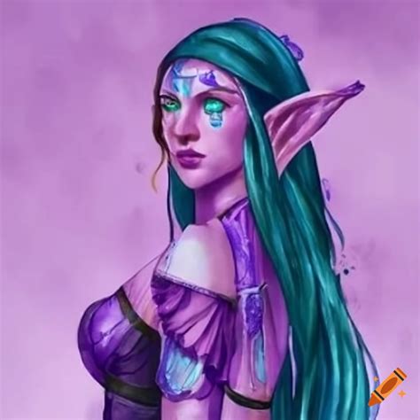 Ethereal high elf in elegant leather armor with enchanted symbols and light purple skin on Craiyon