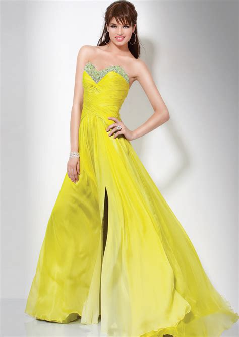 Yellow A-Line Sweetheart Floor Length Zipper Slit Pleated Prom Dresses ...