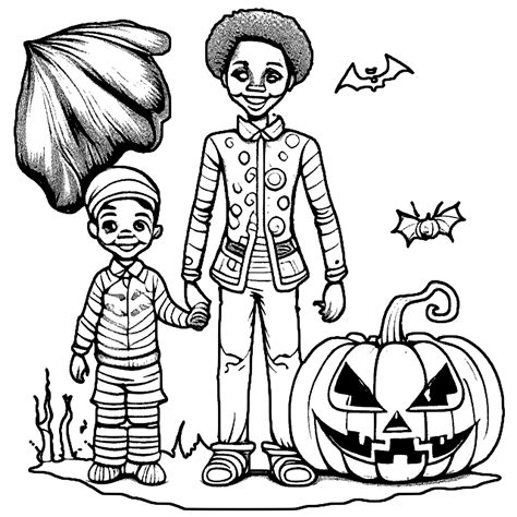 African American Family in Halloween Costumes Coloring Page · Creative Fabrica
