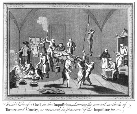 Spanish Inquisition. Na Torture Chamber Copper Engraving English 18Th Century. Poster Print by ...