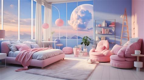 Premium AI Image | Modern barbie pink and blue bedroom with pink bed window and beautiful clouds ...