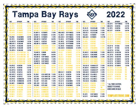 Printable 2022 Tampa Bay Rays Schedule