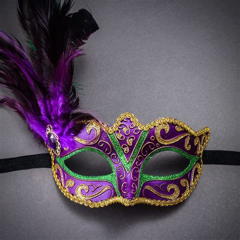 Mardi Gras Glitter Masquerade Mask with Side Feather - Gold