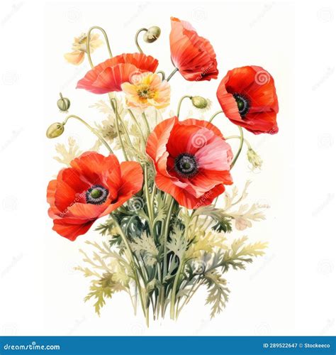 Detailed Watercolor Poppy Bouquet: Naturalistic Botanical Art Stock ...