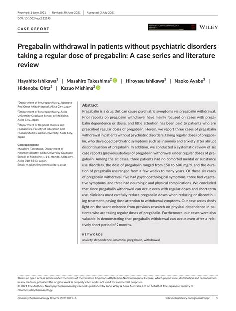 (PDF) Pregabalin withdrawal in patients without psychiatric disorders taking a regular dose of ...