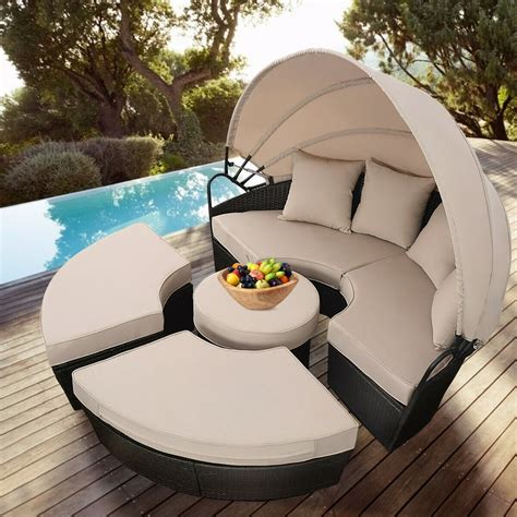 Costway Outdoor Mix Brown Rattan Patio Sofa Furniture Round Retractable Canopy Daybed - Walmart ...