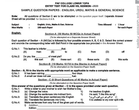 Past Papers PAF College Lower Topa 8th Class | Sample Paper Download - Info Get Today