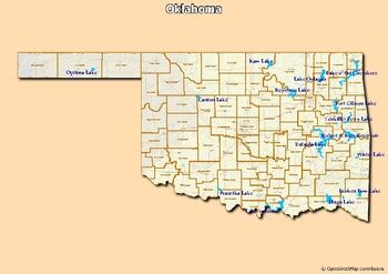 Map of major rivers and map of major lakes in the state of Oklahoma, USA