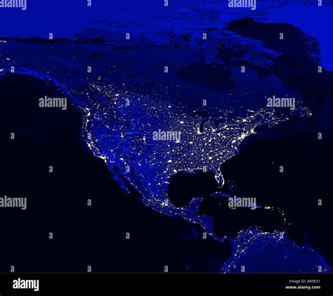 Satellite Map of North America at Night City Lights visible Earth Stock ...