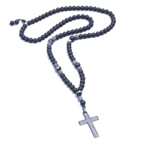 Men's Matte Black Onyx Beaded Necklace Cross Pendant Jesus Prayer ...