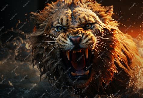 Premium AI Image | Roaring Lion with water splashing on him realistic Image