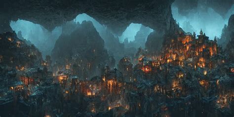 A shining dwarven city in a dark cavern, rainy, dark | Stable Diffusion