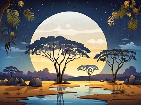 Premium AI Image | Savannah landscape with acacia trees at night