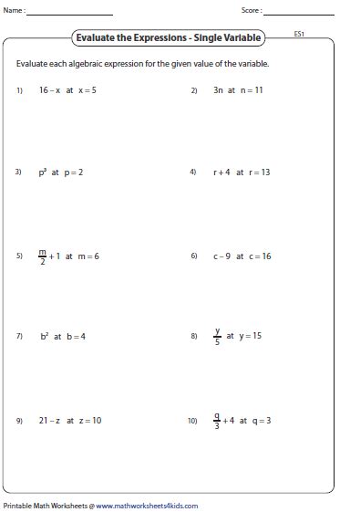 Evaluating Algebraic Expressions Worksheets