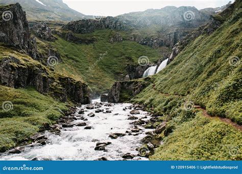 Beautiful Icelandic Landscape with Scenic Waterfall and Green Hills, Stock Photo - Image of ...