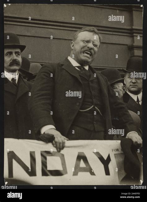 Theodore Roosevelt speaking with intensity from platform Stock Photo - Alamy