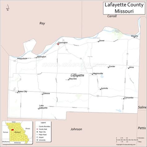 Map of Lafayette County, Missouri showing cities, highways & important places. Check Where is ...