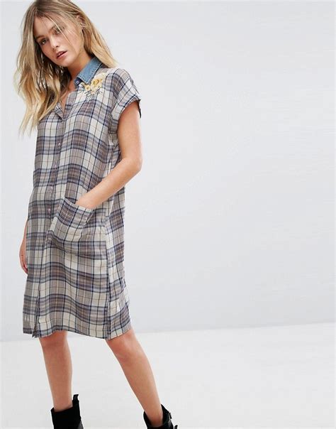 Diesel Check Shirt Dress with Denim Collar and Embroidery - Multi Rayon Dress, Cotton Dresses ...