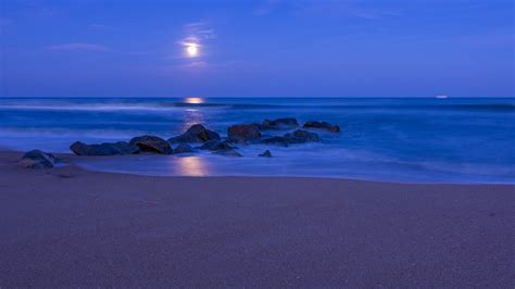 Res: 2048x1152, Wallpaper blue, beach, beach, sand, moon, night, ocean, clouds, sky, stones Â ...