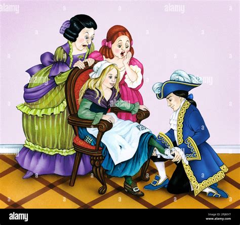 Children's stories-Prince Charming trying glass slipper on Cinderella ...