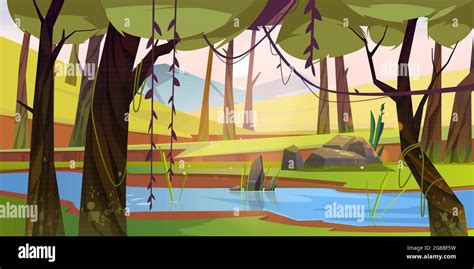 Cartoon forest background with stream flow, wood Stock Vector Image ...