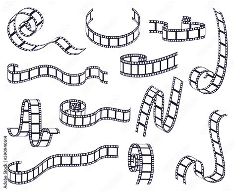 Curved film strip. Cinema monochrome movie or photo tape, strip roll border fragments. Vintage ...