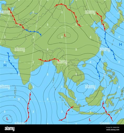 Forecast weather isobar map of Asia with wind fronts and temperature, vector background ...