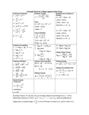 Algebra 2 Formulas Chart