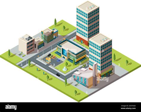 City mall. Urban isometric landscape with big modern building of retail hypermarket shopping ...