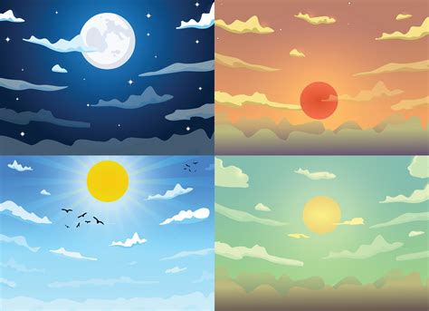 Vector different cartoon sky morning, day, evening and night with clouds, sun and moon ...