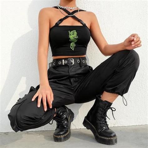 Gothic Cyberpunk Dragon Embroidery Buckle Straps Crop Top | Egirl fashion, Aesthetic grunge ...