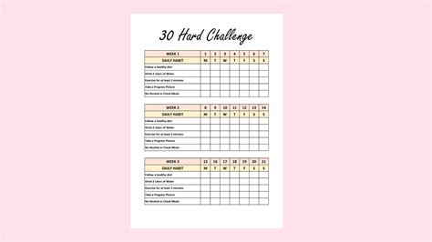 30 Hard Challenge Tracker 30 Day Challenge Printable Weight Loss Printable Lifestyle Challenge ...