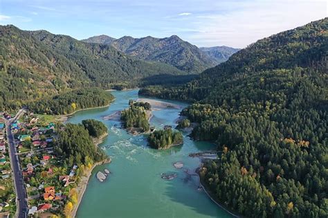 Premium Photo | Mountain altai river top view drone, landscape altai ...