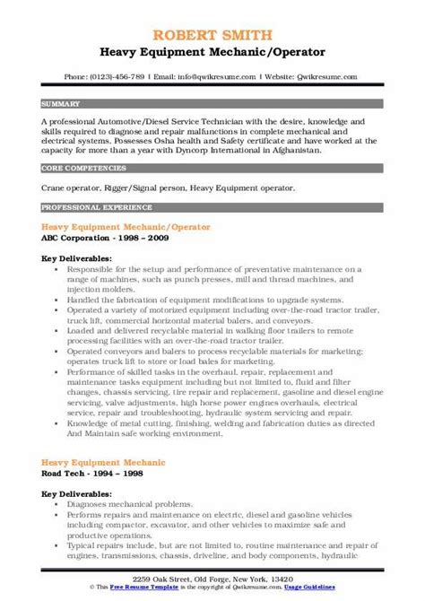 Heavy Equipment Mechanic Resume Samples | QwikResume