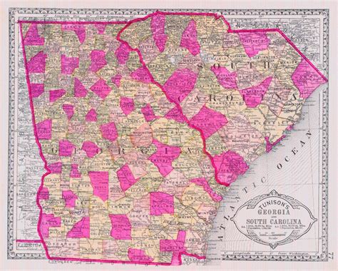 Tunison's Georgia and South Carolina. 1883. Bright map showing counties separately colored ...