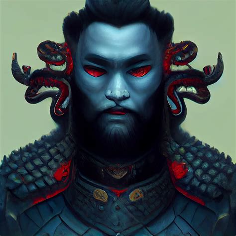 Ancient China Emperor + Dark Heavy Armor + Scary Humanoid Creature With Horns + Dragon Reptile ...