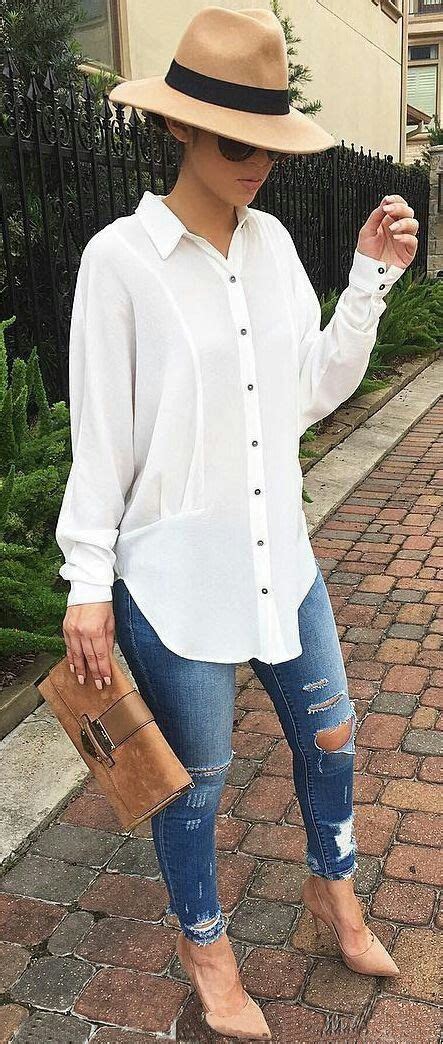 Cute white blouse with distressed blue jeans, straw hat, tan clutch and heels. | Womens fashion ...