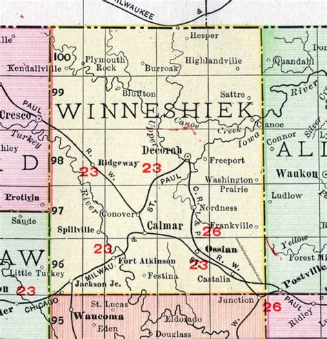 Winneshiek County, Iowa, 1911, Map, Decorah, Calmar, Ft. Atkinson, Ossian, Jackson Junction ...