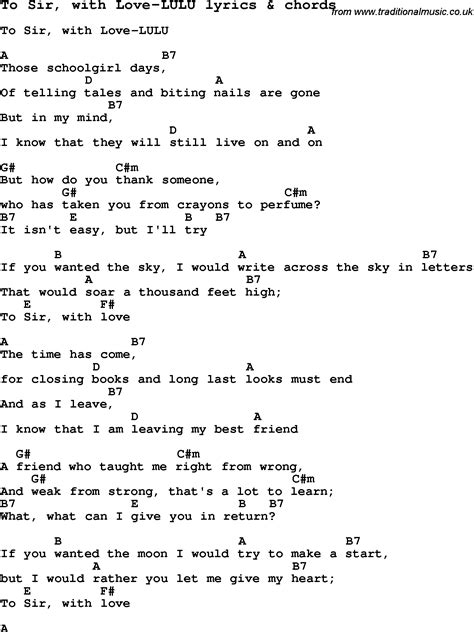 Love Song Lyrics for:To Sir, with Love-LULU with chords.