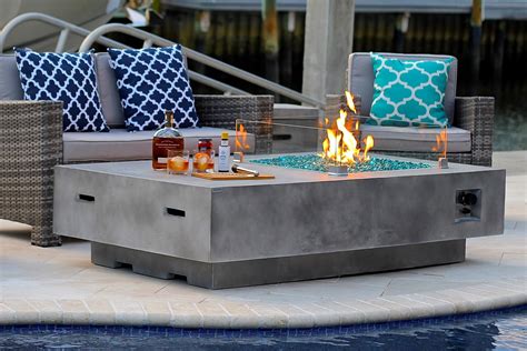 65" Rectangular Modern Concrete Fire Pit Table w/ Glass Guard and Crystals by AKOYA Outdoor ...