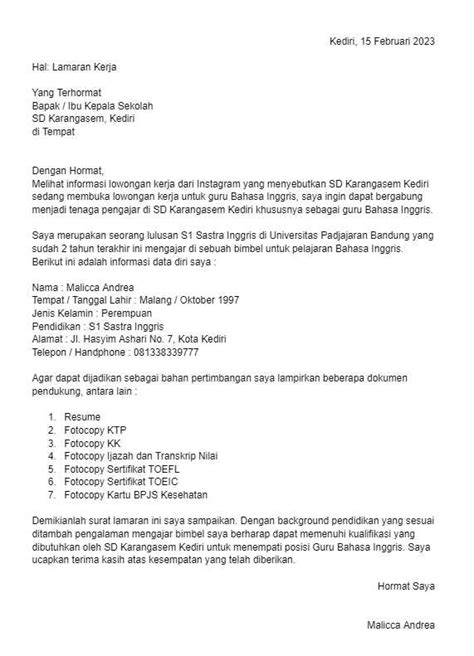 Contoh Surat Lamaran Kerja Guru SD (Download DOC)