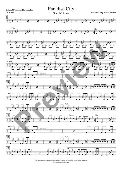 Drum Sheet Music - Guns N Roses - Paradise City